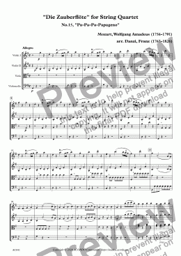 page one of "Die Zauberflöte" for String Quartet, No.15, "Pa-Pa-Pa-Papageno"