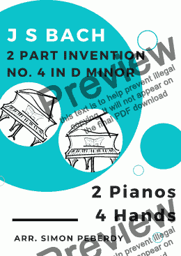 page one of Bach 2 Part Invention No. 4 in D minor arranged for two pianos by Simon Peberdy