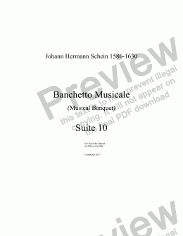 page one of Schein: Banchetto Musicale Suite 10 (SAATB Recorders)