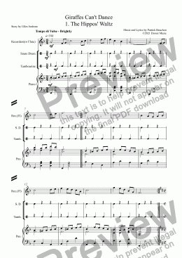 page one of Giraffes Can't Dance, a dance musical  for Childrens' voices.  percussion  and piano.