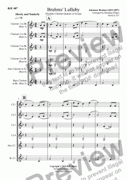 page one of Brahms' Lullaby - Flexible Clarinet Quintet or Group
