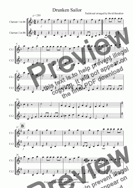 page one of Drunken Sailor for Clarinet in Bb Duet