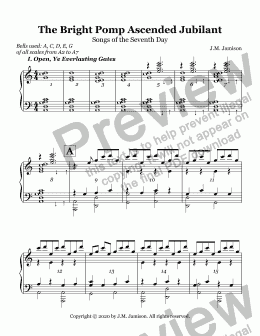 page one of The Bright Pomp Ascended Jubilant: Songs of the Seventh Day (handbell part)
