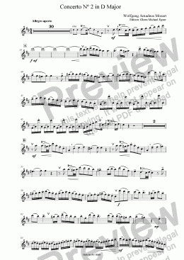 page one of Mozart Concerto # 2 for Flute in D Major