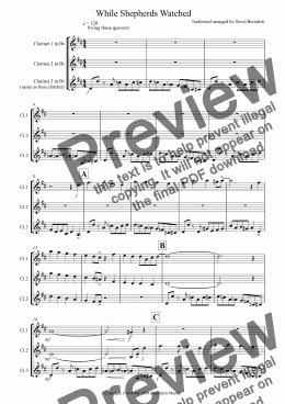 page one of While Shepherds Watched (Jazzy Version!) for Clarinet Trio