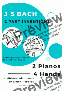 page one of Bach 2 Part Inventions (COMPLETE, all 15) for 2 pianos, 4 hands (additional piano part by Simon Peberdy)