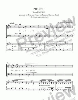 page one of Pie Jesu [from FAURE Requiem] for 2-part Voices (or Mezzo-Soprano-Baritone Duet) with Organ accompaniment, arr. by Pamela Webb Tubbs