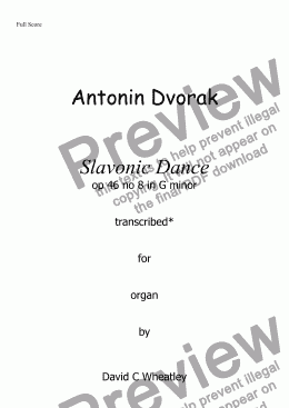 page one of Dvorak - Slavonic dance  op 46 no 8 in G minor for organ