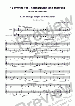 page one of 15 Thanksgiving Hymns for Violin and Clarinet Duet