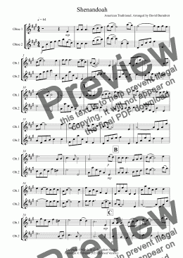page one of Shenandoah for Oboe Duet
