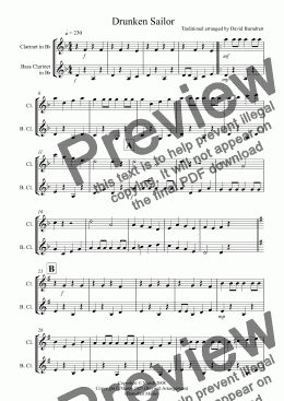 page one of Drunken Sailor for Clarinet and Bass Clarinet Duet