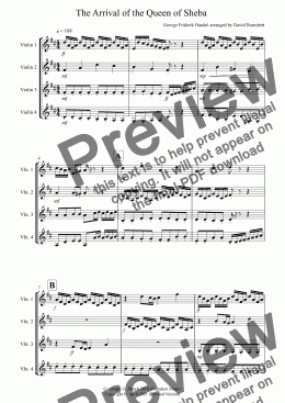 page one of The Arrival of the Queen of Sheba for Violin Quartet