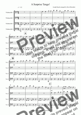 page one of A Surprise Tango! for Beginning and Advanced Cello Quartet