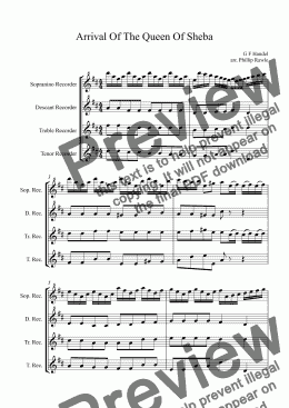 page one of Arrival Of The Queen Of Sheba - Recorder Quartet