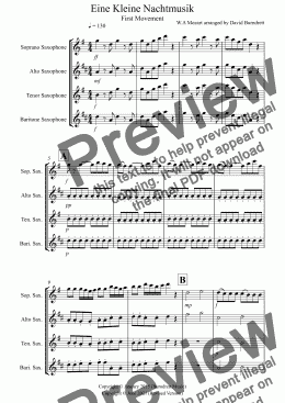 page one of Eine Kleine Nachtmusik (1st movement) for Saxophone Quartet