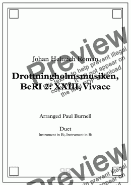 page one of Drottningholmsmusiken, BeRI 2: XXIII, Vivace, arranged for duet: instruments in Eb and Bb - Score and Parts
