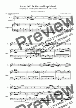 page one of Bach, J.S.: Flute Sonata in D (BWV 1028) from the viola da gamba sonata.