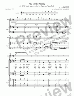 page one of Joy to the World [HANDEL], Christmas hymn for SATB Choir with Organ and Handbells accompaniment, arr. by Pamela Webb Tubbs