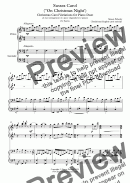 page one of Sussex Carol ("On Christmas Night') Christmas Carol Variations for Piano Duet (A duet arrangement of a piece originally for 2 pianos) by Simon Peberdy