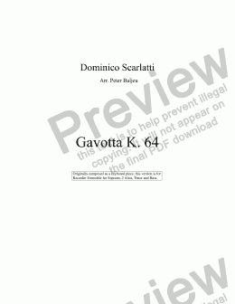 page one of Scarlatti: Gavotta Sonata K 64 SAATB Recorders
