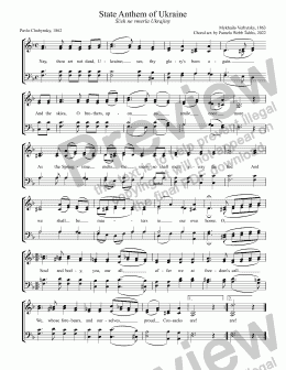 page one of Ukraine National Anthem (State Anthem of Ukraine) with words in English for SATB voices, arr. by Pamela Webb Tubbs