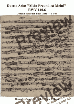 page one of Mein Freund ist Mein!   BWV 140.6 for Recorder Quartet (AATB)