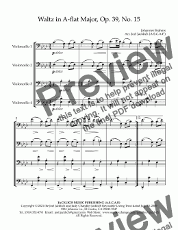 page one of Brahms Waltz in A-flat Major, Op 39, No 15 VcQt - Full Score