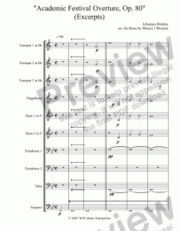 page one of Academic Festival Overture, Op. 80 (Excerpts) for Brass Ensemble and Timpani