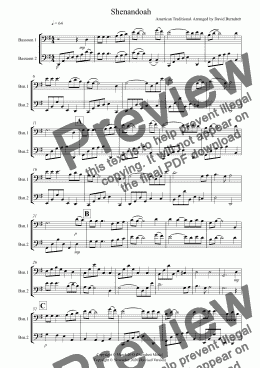 page one of Shenandoah for Bassoon Duet