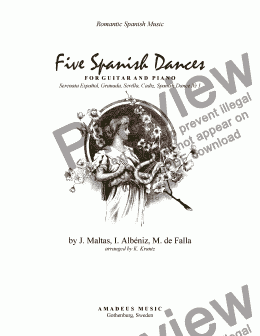 page one of 5 Spanish Dances arranged for classical guitar and piano 