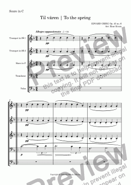 page one of Grieg: Til våren - To the spring (Brass Quintet)