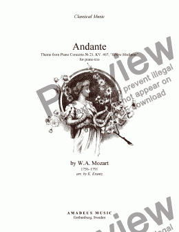 page one of Andante from piano concerto no. 21 (Elvira Madigan) for easy piano trio