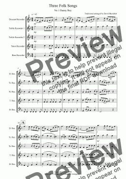 page one of 3 Folk Songs for Recorder Quintet