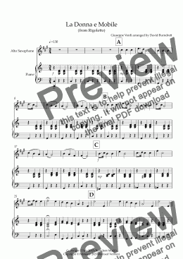 page one of La Donna e Mobile (from Rigoletto) for Alto Saxophone and Piano