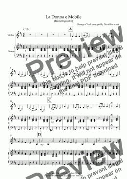 page one of La Donna e Mobile (from Rigoletto) for Violin and Piano