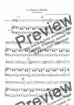 page one of La Donna e Mobile (from Rigoletto) for Cello and Piano