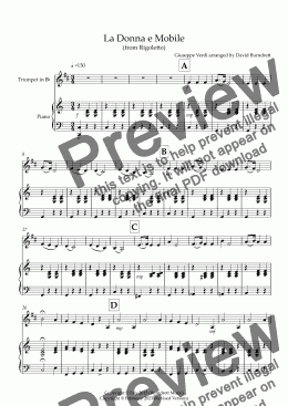 page one of La Donna e Mobile (from Rigoletto) for Trumpet and Piano
