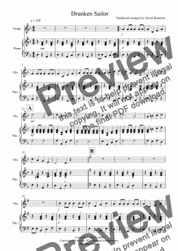 page one of Drunken Sailor for Violin and Piano
