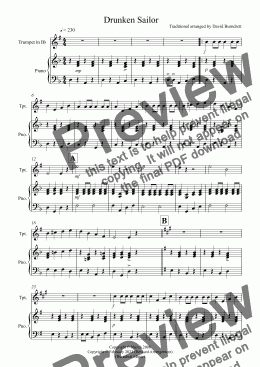 page one of Drunken Sailor for Trumpet and Piano