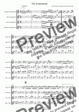 page one of The Entertainer for Saxophone Quartet