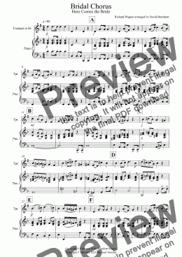 page one of Bridal Chorus "Here Comes the Bride" for Trumpet and Piano
