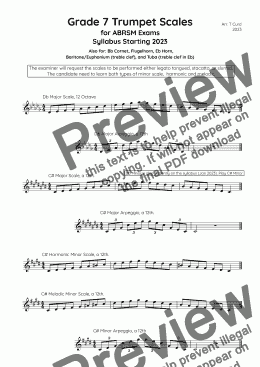 page one of Trumpet Scales Grade 7. For the new ABRSM Syllabus from 2023.