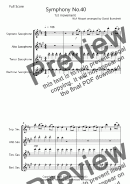 page one of Symphony No.40 (1st movement) for Saxophone Quartet
