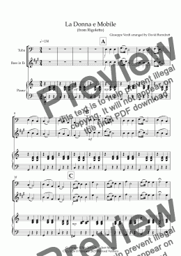 page one of La Donna e Mobile (from Rigoletto) for Tuba (Eb Bass) and Piano