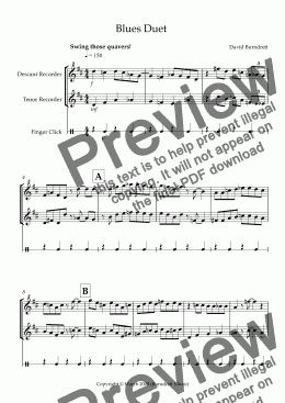 page one of Blues Duet for Descant and Tenor Recorder