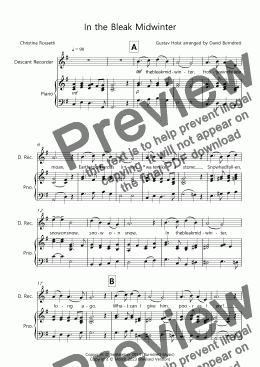 page one of In the Bleak Midwinter for Descant Recorder and Piano