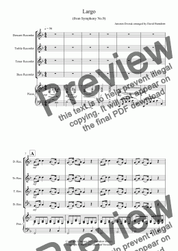 page one of Largo (from the New World Symphony) for Recorder and Piano