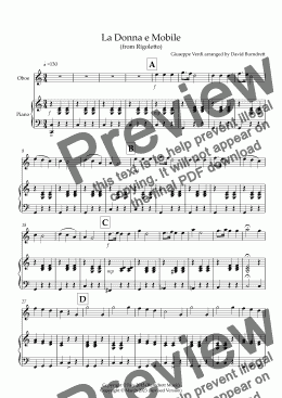 page one of La Donna e Mobile (from Rigoletto) for Oboe and Piano