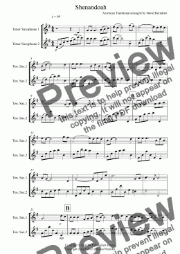 page one of Shenandoah for Tenor Saxophone Duet