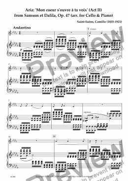 page one of Aria: 'Mon coeur s'ouvre à ta voix' (Act II)  from Samson et Dalila, Op. 47 (arr. for Cello & Piano)